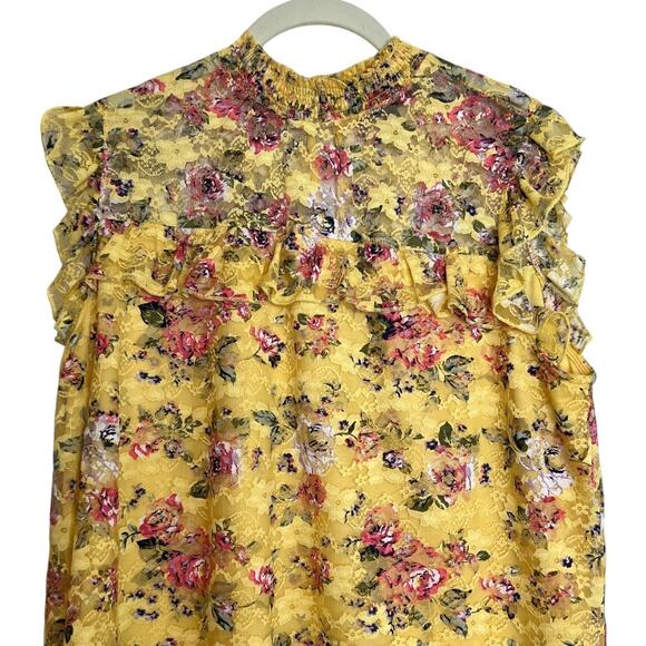 Almost Famous Womens Top XXL Yellow Floral Lace Overlay Ruffle Sleeveless Boho - Picture 2 of 7